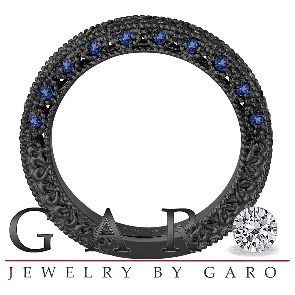 Sapphire Half Eternity Wedding Band, Sapphire Anniversary Ring 0.38 Carat 14K Black Gold Vintage Style Unique Certified Handmade