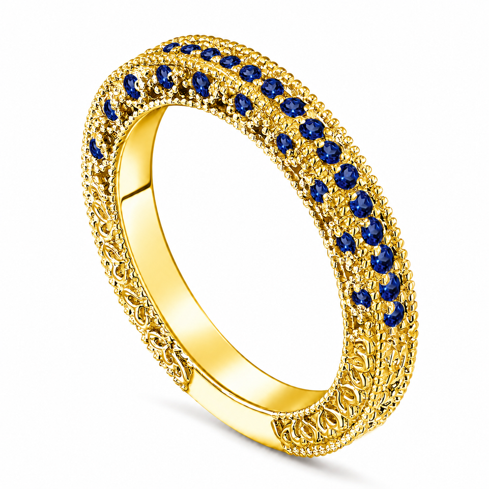 Sapphire Half Eternity Wedding Band, Sapphire Anniversary Ring 0.38 Carat 14K Yellow Gold Unique Certified Handmade