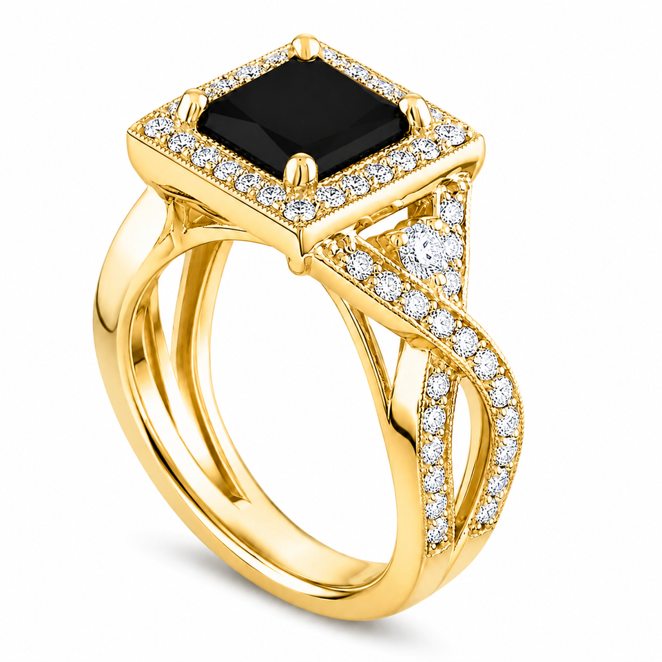 Princess Cut Black Diamond Halo Engagement Ring 2.64 Carat Twisted Infinity 14K White Gold ,Yellow Gold, Rose Gold Handmade
