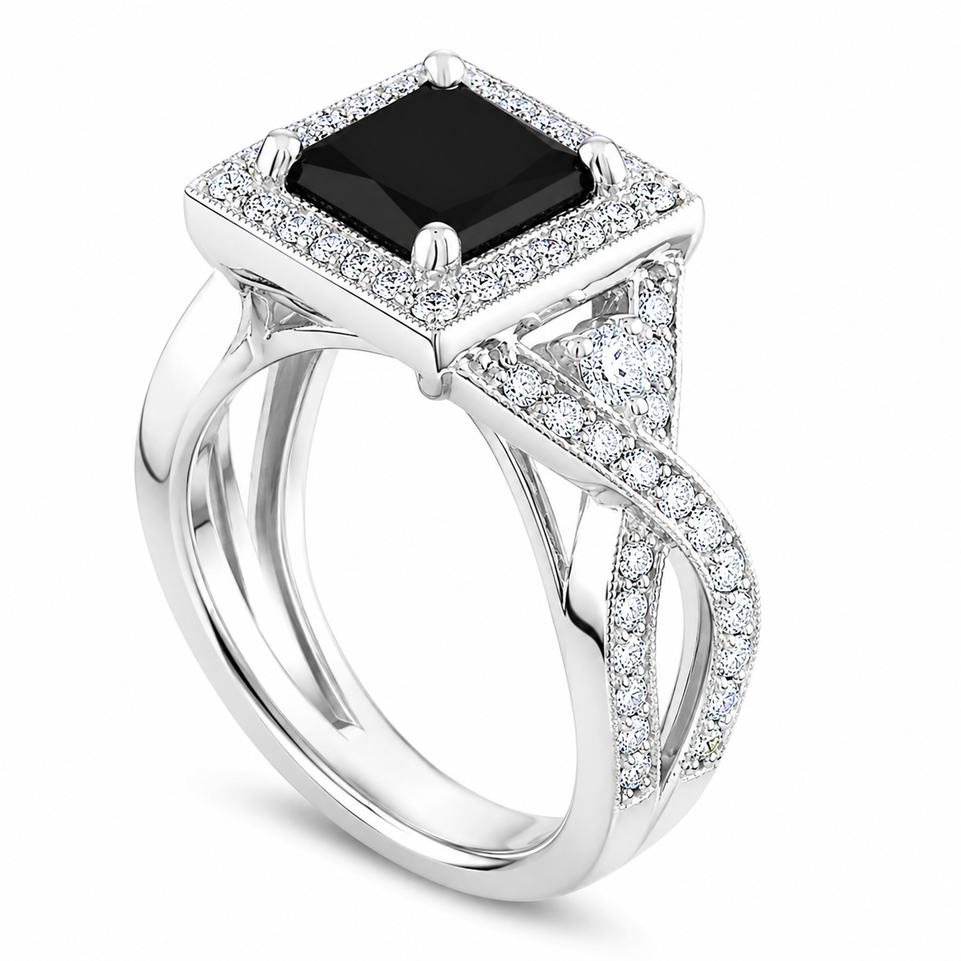 Princess Cut Black Diamond Halo Engagement Ring 2.64 Carat Twisted Infinity 14K White Gold ,Yellow Gold, Rose Gold Handmade