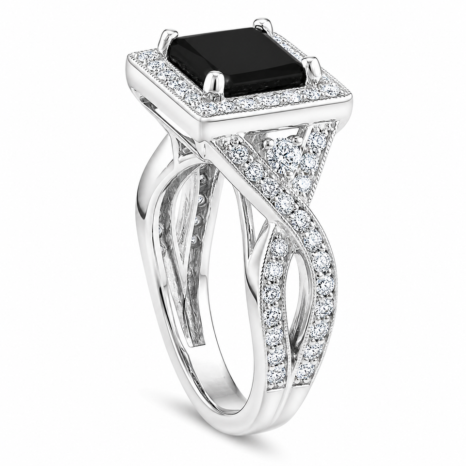 Princess Cut Black Diamond Halo Engagement Ring 2.64 Carat Twisted Infinity 14K White Gold ,Yellow Gold, Rose Gold Handmade
