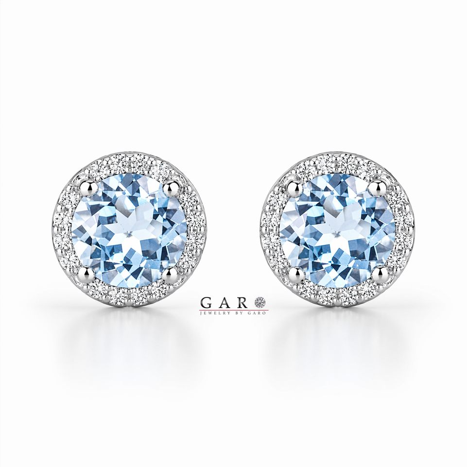 Platinum Aquamarine and Diamonds Halo Earrings, Micro Pave 1.76 Carat Unique Handmade Certified