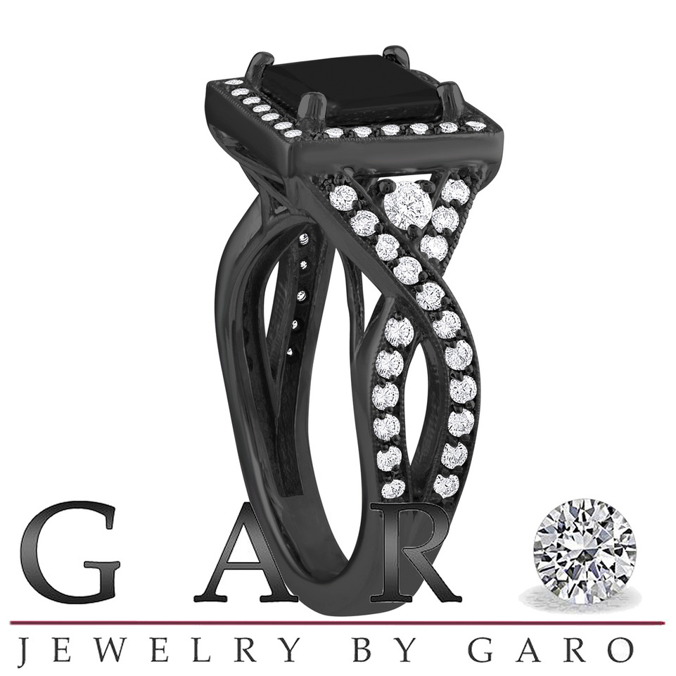 Princess Cut Black Diamond Infinity Engagement Ring Unique Halo Twisted 2.64 Carat 14K Black Gold Vintage Style Certified Handmade