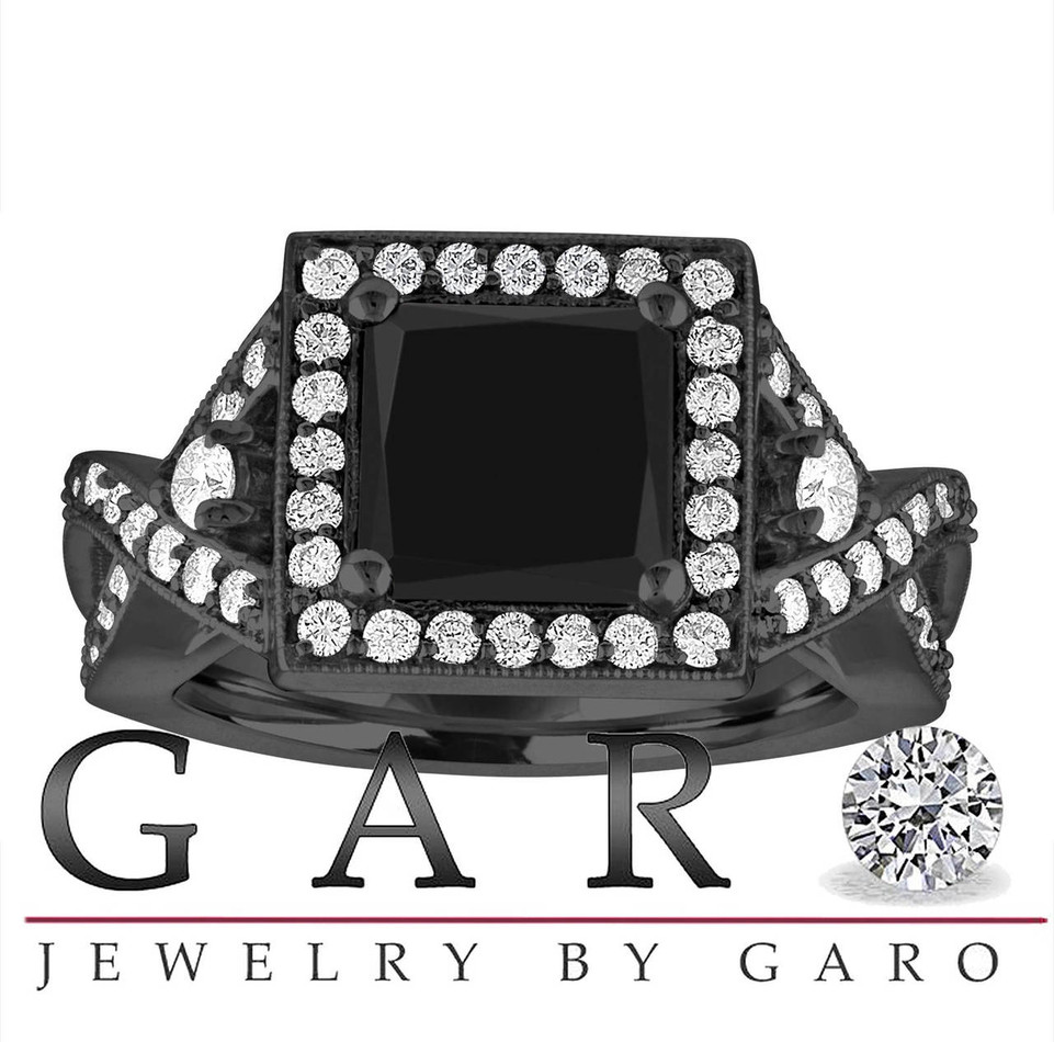 Princess Cut Black Diamond Infinity Engagement Ring Unique Halo Twisted 2.64 Carat 14K Black Gold Vintage Style Certified Handmade