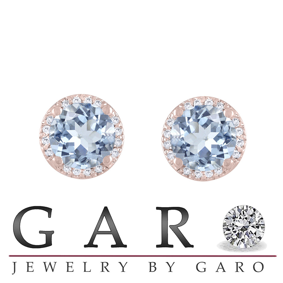 Aquamarine and Diamonds Halo Earrings, Micro Pave 1.76 Carat 14K Rose Gold Unique Handmade Certified