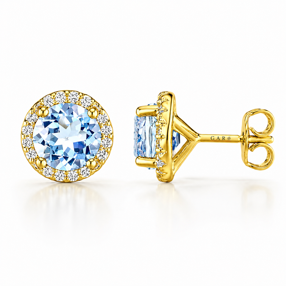 Natural Aquamarine & Diamond Halo Stud Earrings 1.76 Carat 14K White Gold, Yellow Gold or Rose Gold Handmade Micro Pave March Birthstone Certified