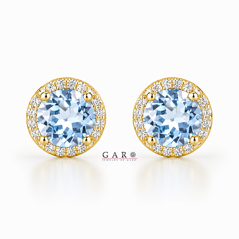 Natural Aquamarine & Diamond Halo Stud Earrings 1.76 Carat 14K White Gold, Yellow Gold or Rose Gold Handmade Micro Pave March Birthstone Certified