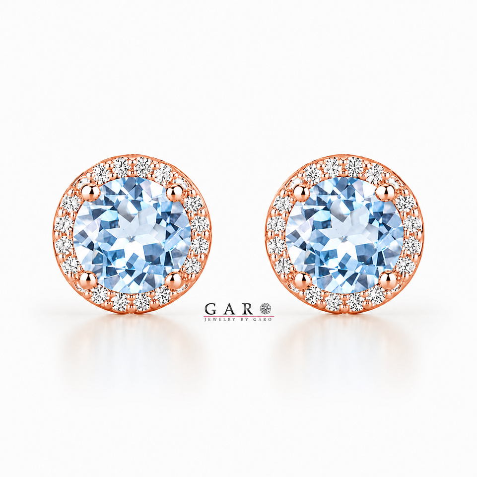 Natural Aquamarine & Diamond Halo Stud Earrings 1.76 Carat 14K White Gold, Yellow Gold or Rose Gold Handmade Micro Pave March Birthstone Certified