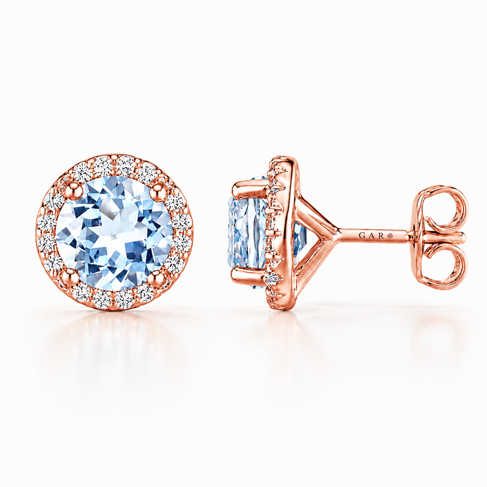 Natural Aquamarine & Diamond Halo Stud Earrings 1.76 Carat 14K White Gold, Yellow Gold or Rose Gold Handmade Micro Pave March Birthstone Certified
