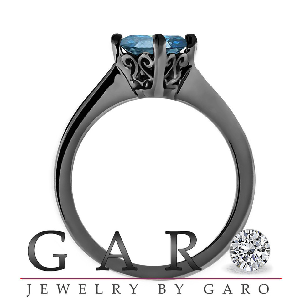 Vintage Solitaire Engagement Ring, Blue Diamond Engagement Ring, Unique Bridal Ring, 1.32 Carat 14K Black Gold Gallery Design Handmade
