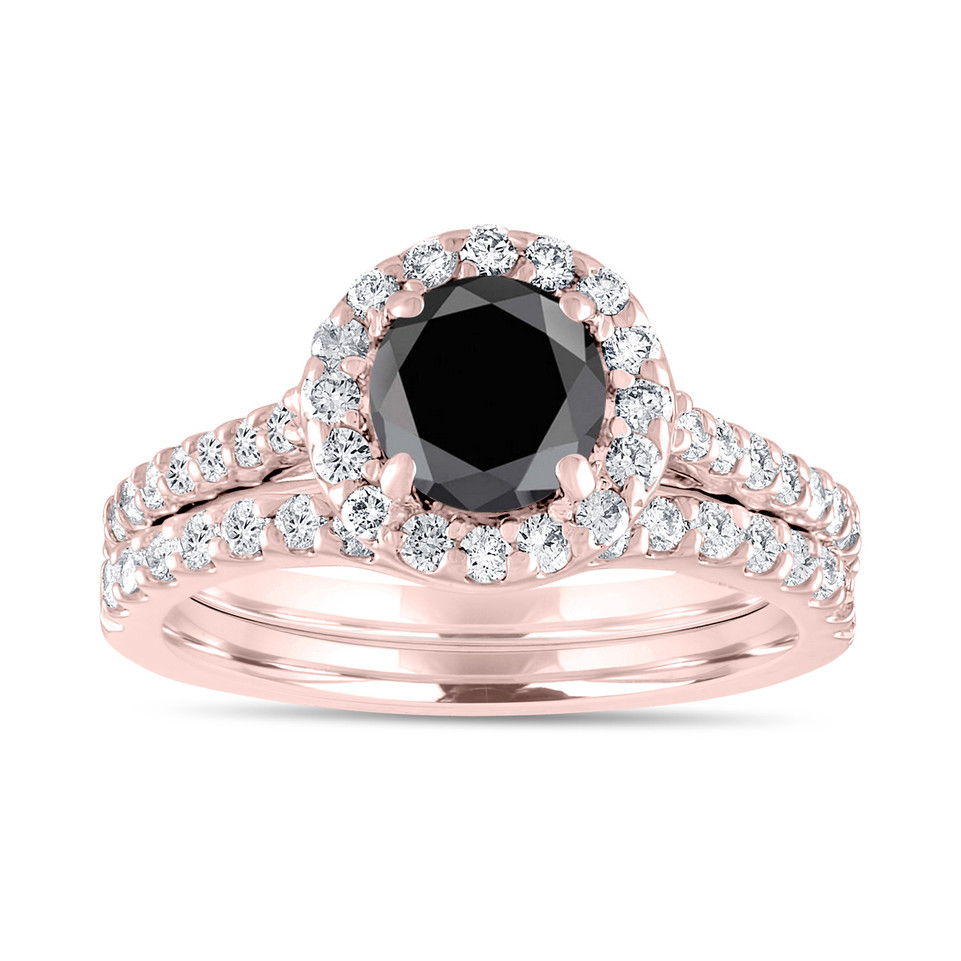 Black Diamond Halo Engagement Ring Set 1.88 Carat 14K Rose Gold Unique Certified Handmade
