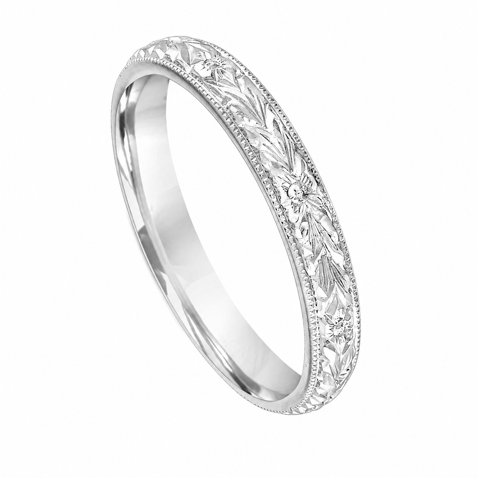 Nature Inspired Women’s Wedding Band 14K White Gold Hand Engraved Vintage Ring 3mm Handmade