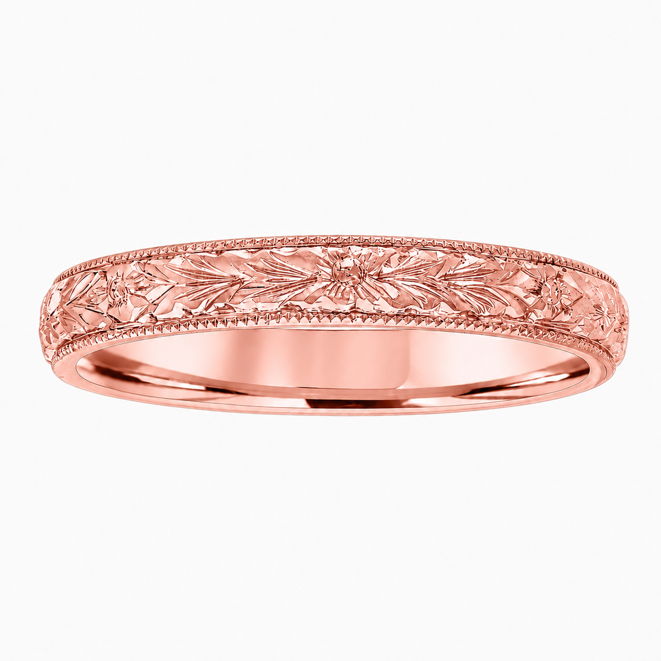 Wedding Band Rose Gold, Hand Engraved Wedding Ring, Vintage Wedding Band, 3 mm Anniversary Band, Unique Wedding Band, Handmade
