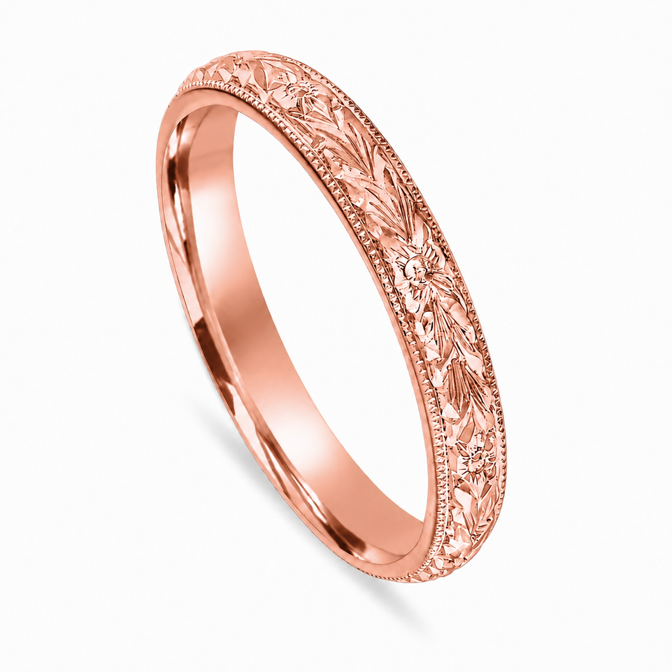 Wedding Band Rose Gold, Hand Engraved Wedding Ring, Vintage Wedding Band, 3 mm Anniversary Band, Unique Wedding Band, Handmade