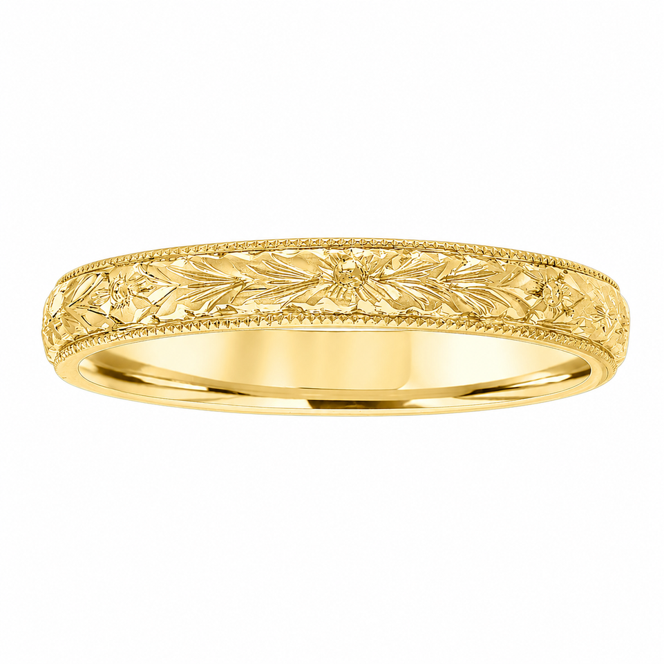 18k Yellow Gold Hand Engraved Wedding Band, 3 mm Anniversary Floral Band Unique Handmade 