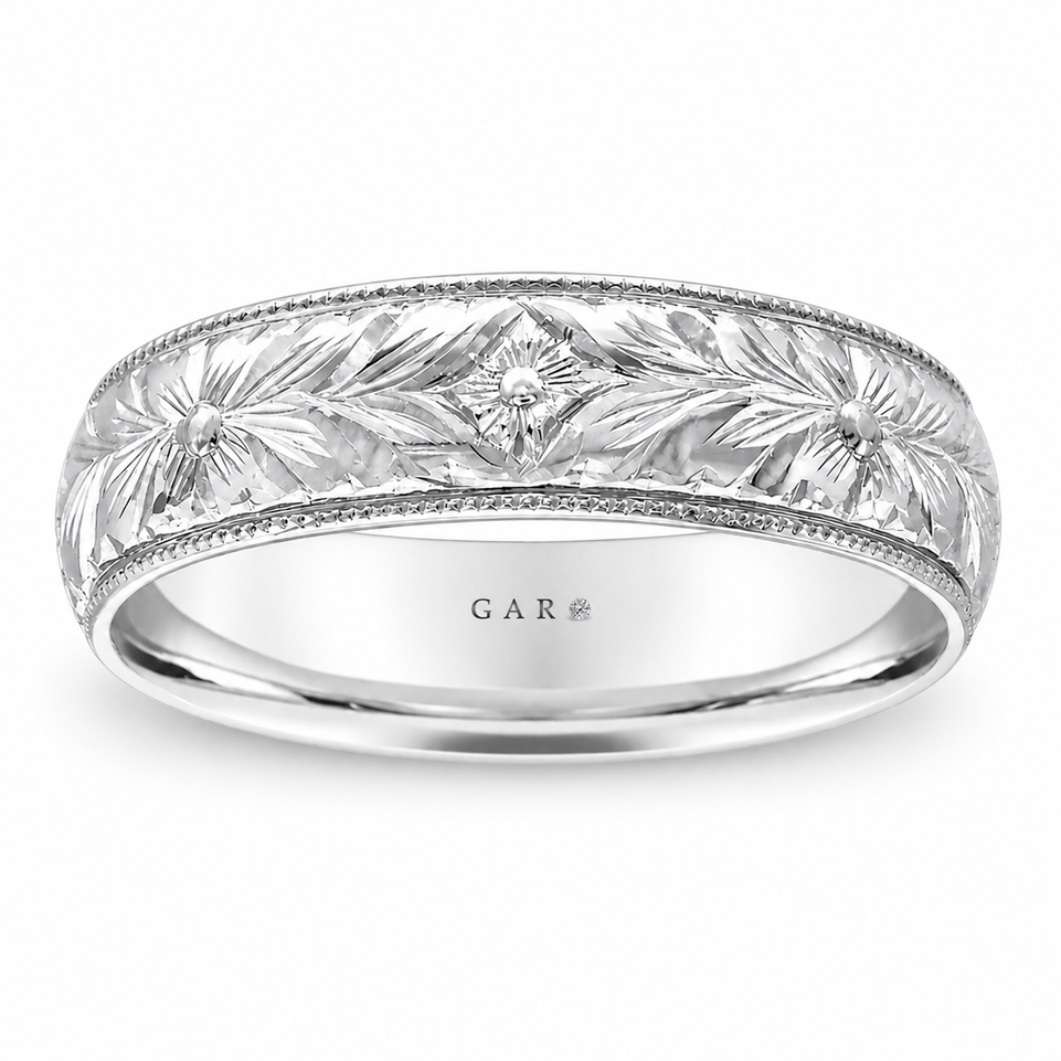 Platinum Floral Hand Engraved Men’s Wedding Band Vintage Wedding Ring 6mm Handmade
