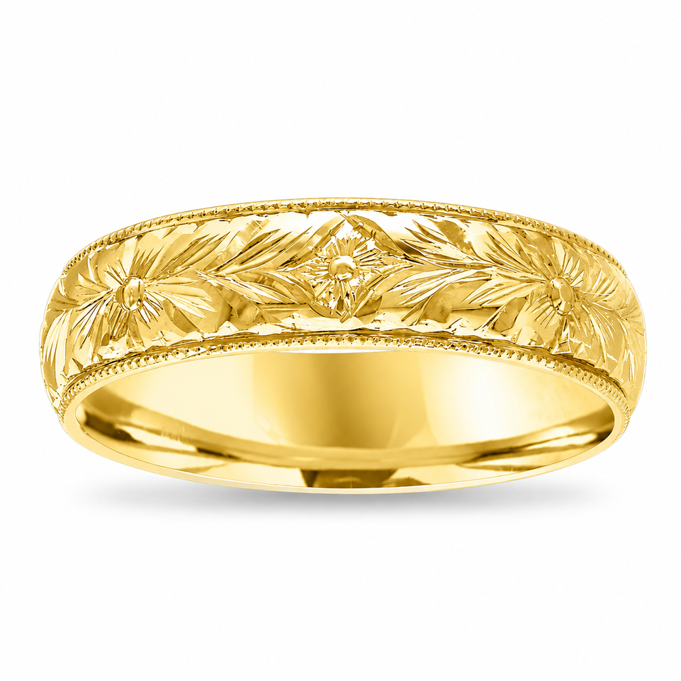 18K Yellow Gold Floral Hand Engraved Men’s Wedding Band Vintage Nature Inspired Ring 6mm Handmade
