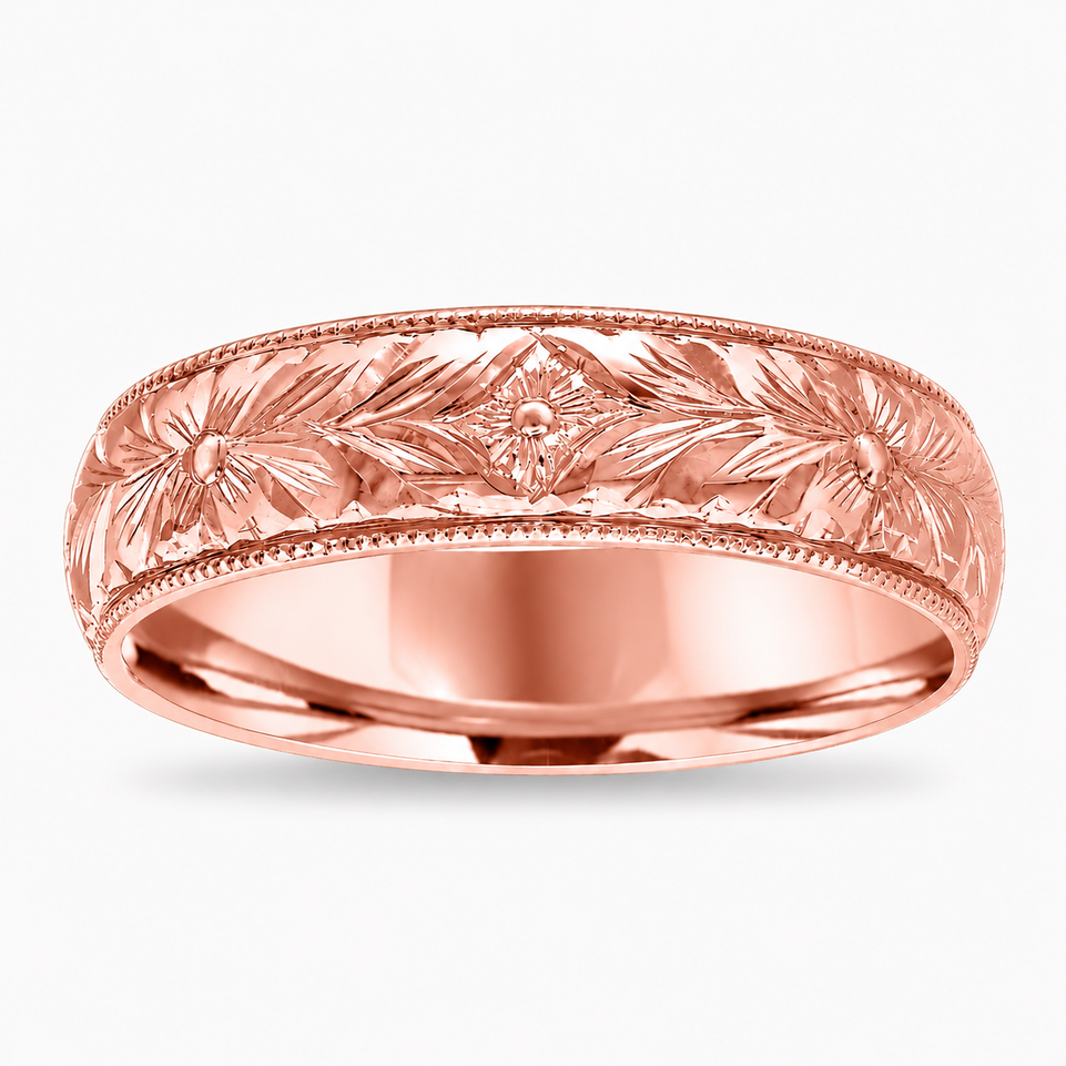 Men’s Floral Wedding Band 14K Rose Gold Hand Engraved Vintage Wedding Ring 6mm Handmade