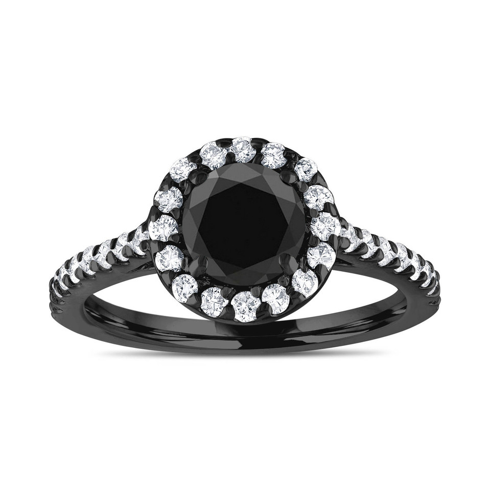 Black Diamond Halo Engagement Ring and Wedding Band Set 1.88 Carat 14K Black Gold Vintage Style Certified Handmade