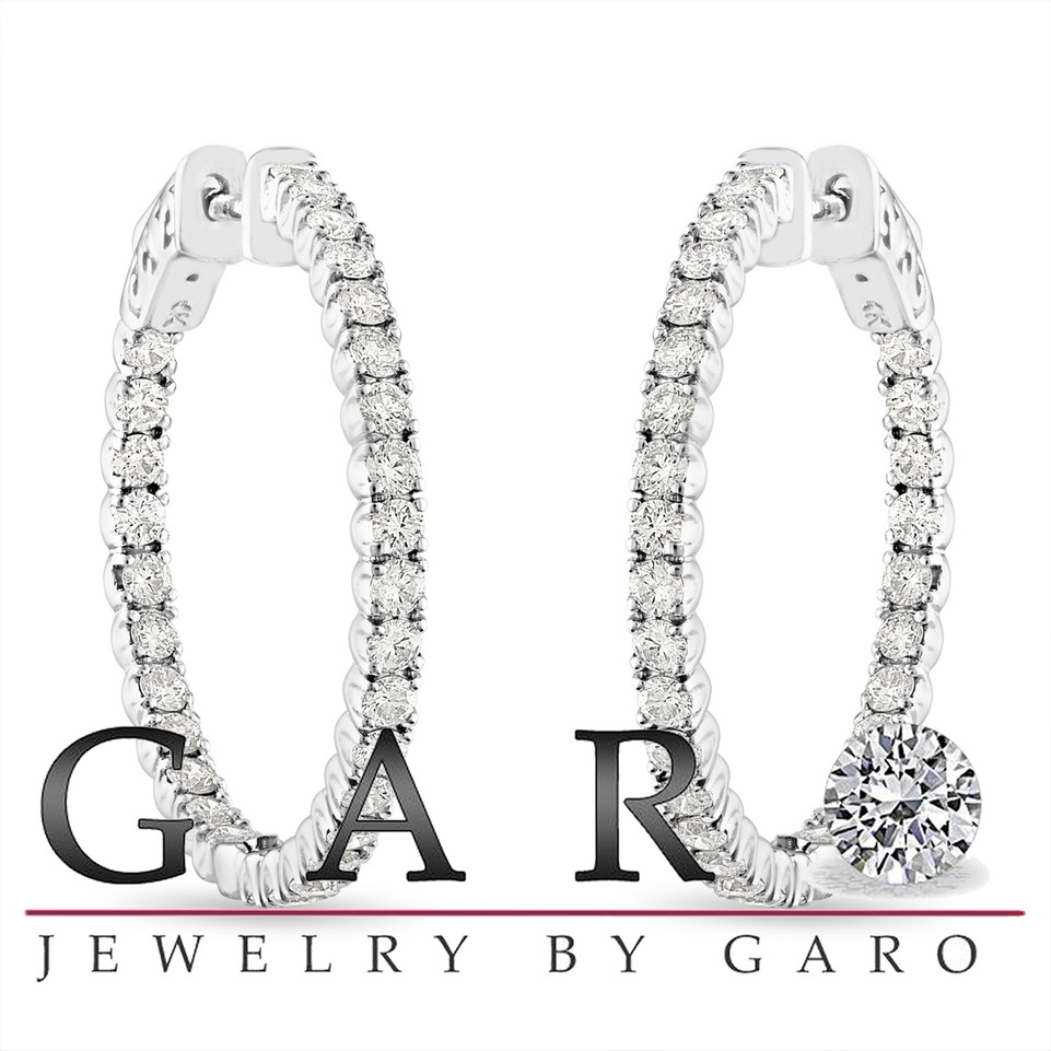 2.10 Carat Inside Out Diamond Hoop Earrings, 1 Inch 14K White Gold Certified 2.10 Carat Inside Out Diamond Hoop Earrings, 1 Inch 14K White Gold Certified