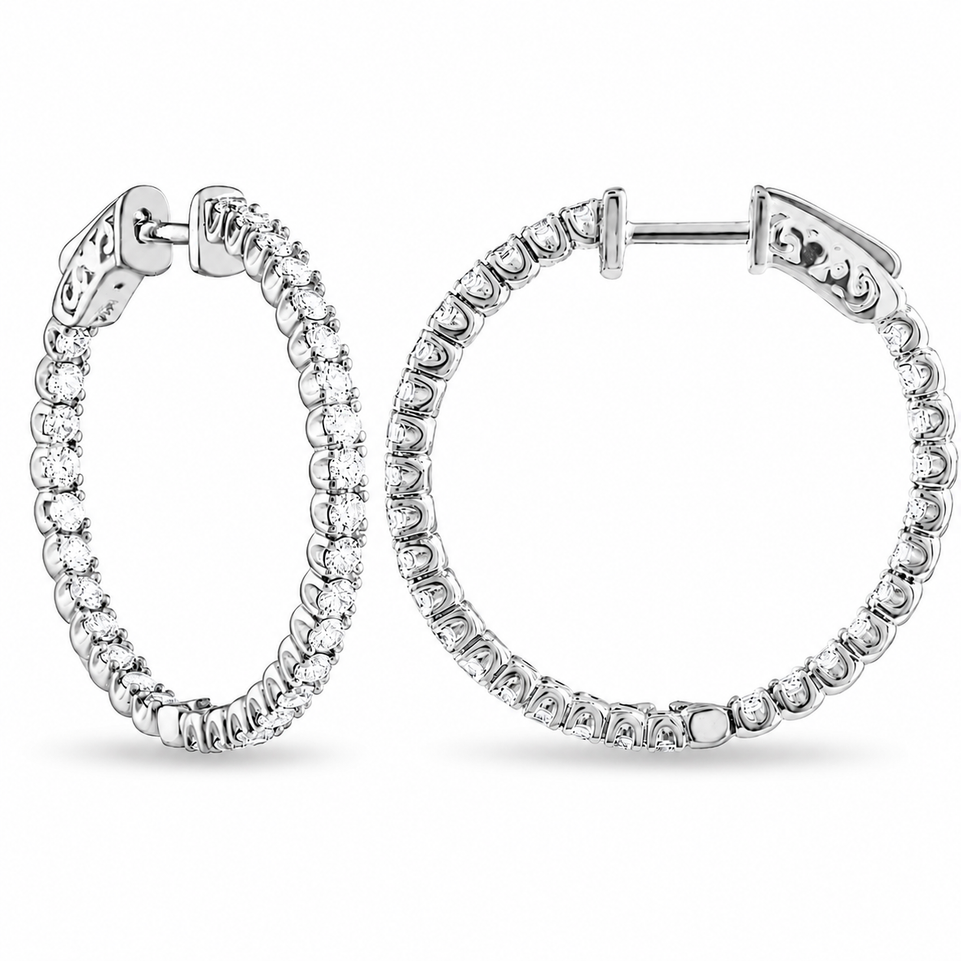 2.10 Carat Inside Out Diamond Hoop Earrings, 1.25 Inch 14K White Gold Yellow Or Rose Gold Certified