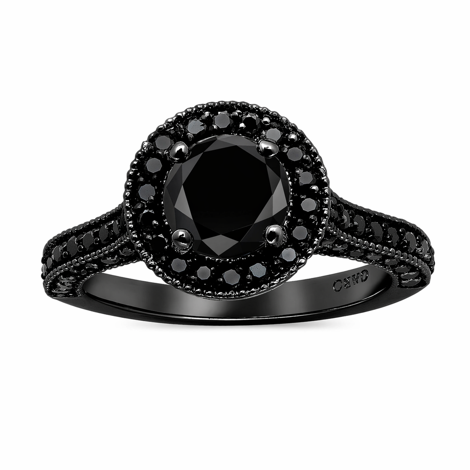 2.00 Carat Black Diamond Halo Engagement Ring Vintage Style 14K Black Gold Certified Handmade