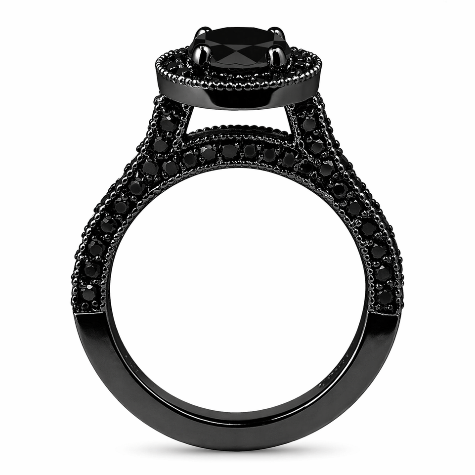 2.00 Carat Black Diamond Halo Engagement Ring Vintage Style 14K Black Gold Certified Handmade