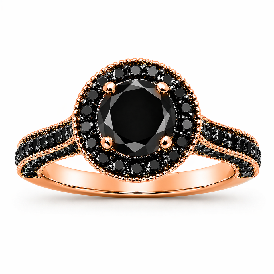 2 Carat Black Diamond Halo Engagement Ring 14K Rose Gold Certified Handmade
