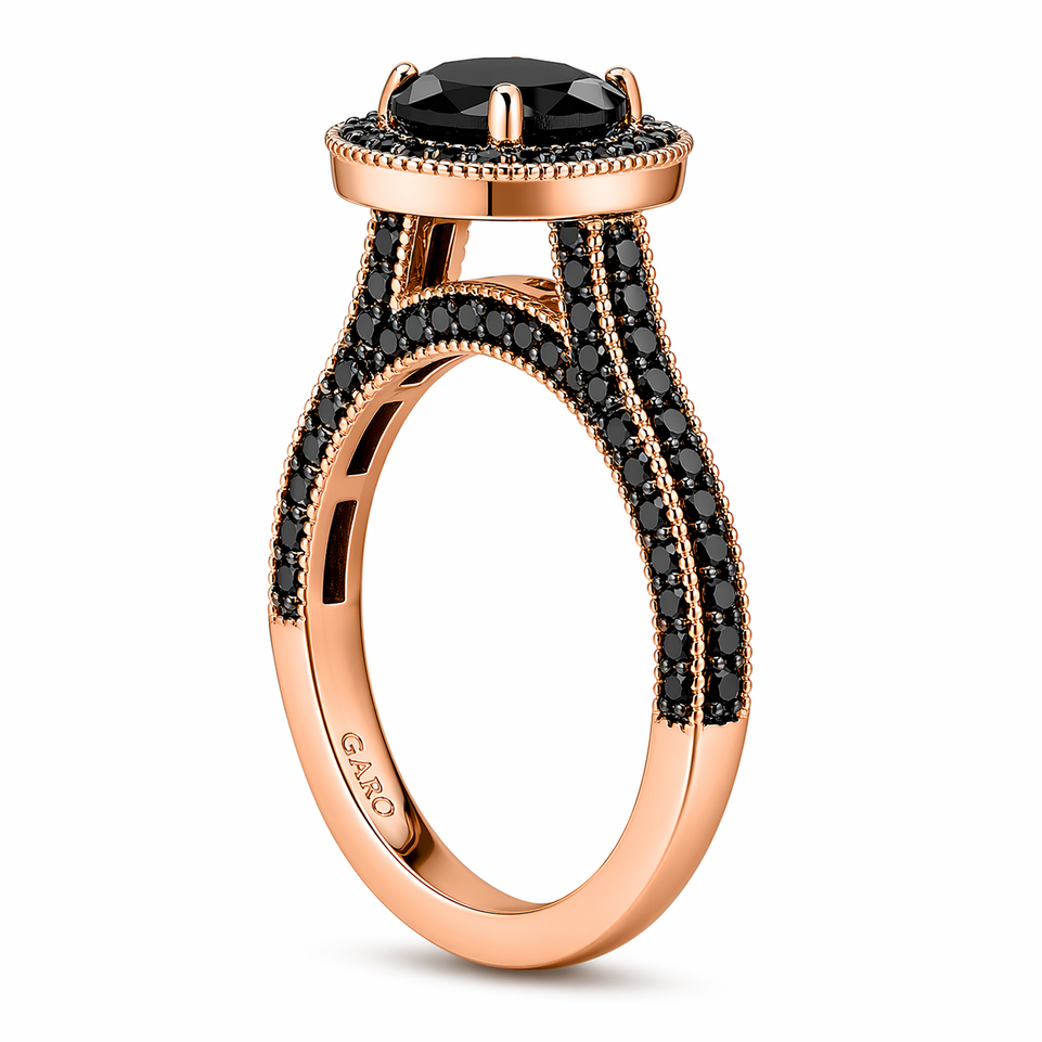 2 Carat Black Diamond Halo Engagement Ring 14K Rose Gold Certified Handmade