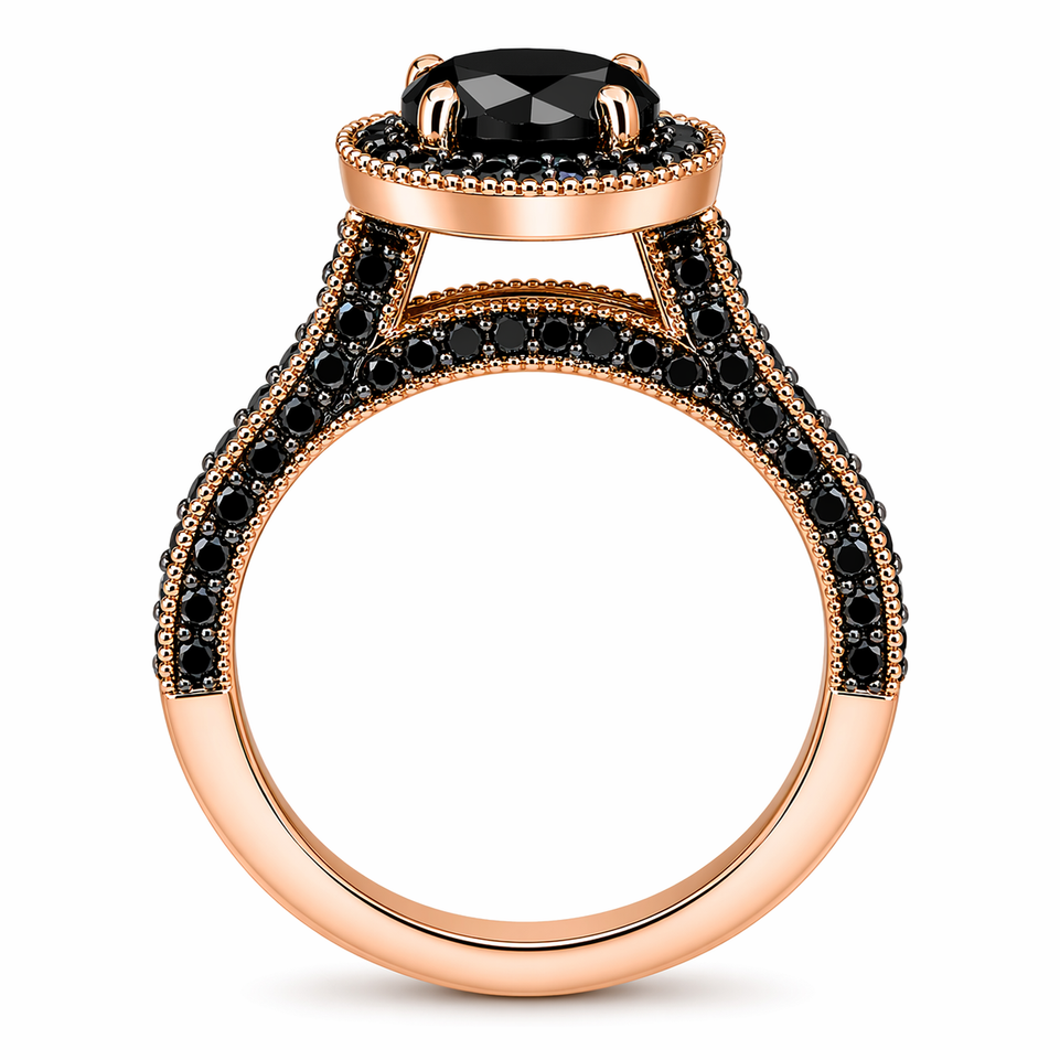 2 Carat Black Diamond Halo Engagement Ring 14K Rose Gold Certified Handmade