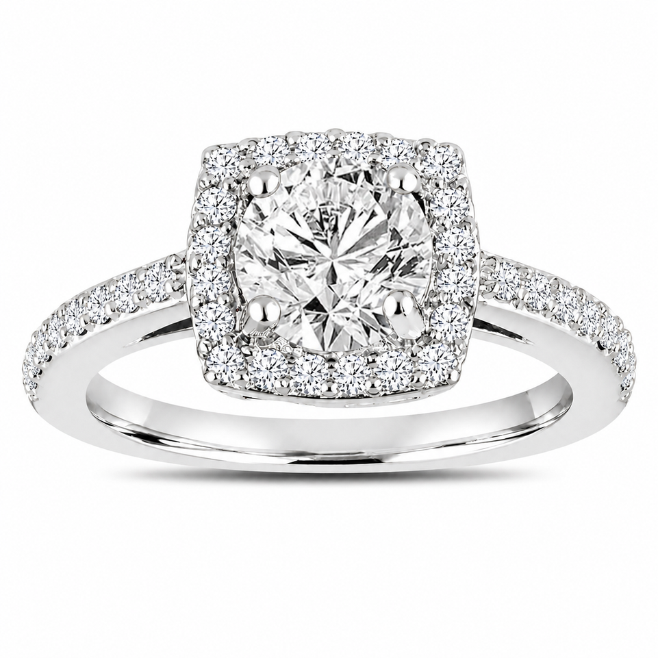 Platinum Diamond Halo Engagement Ring, 1.38 Carat F SI1 Gia Certified Handmade