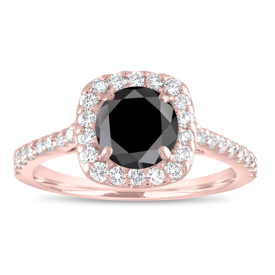 Black Diamond Cushion Halo Engagement Ring 14K Rose Gold 1.60 Carat Unique Certified Handmade