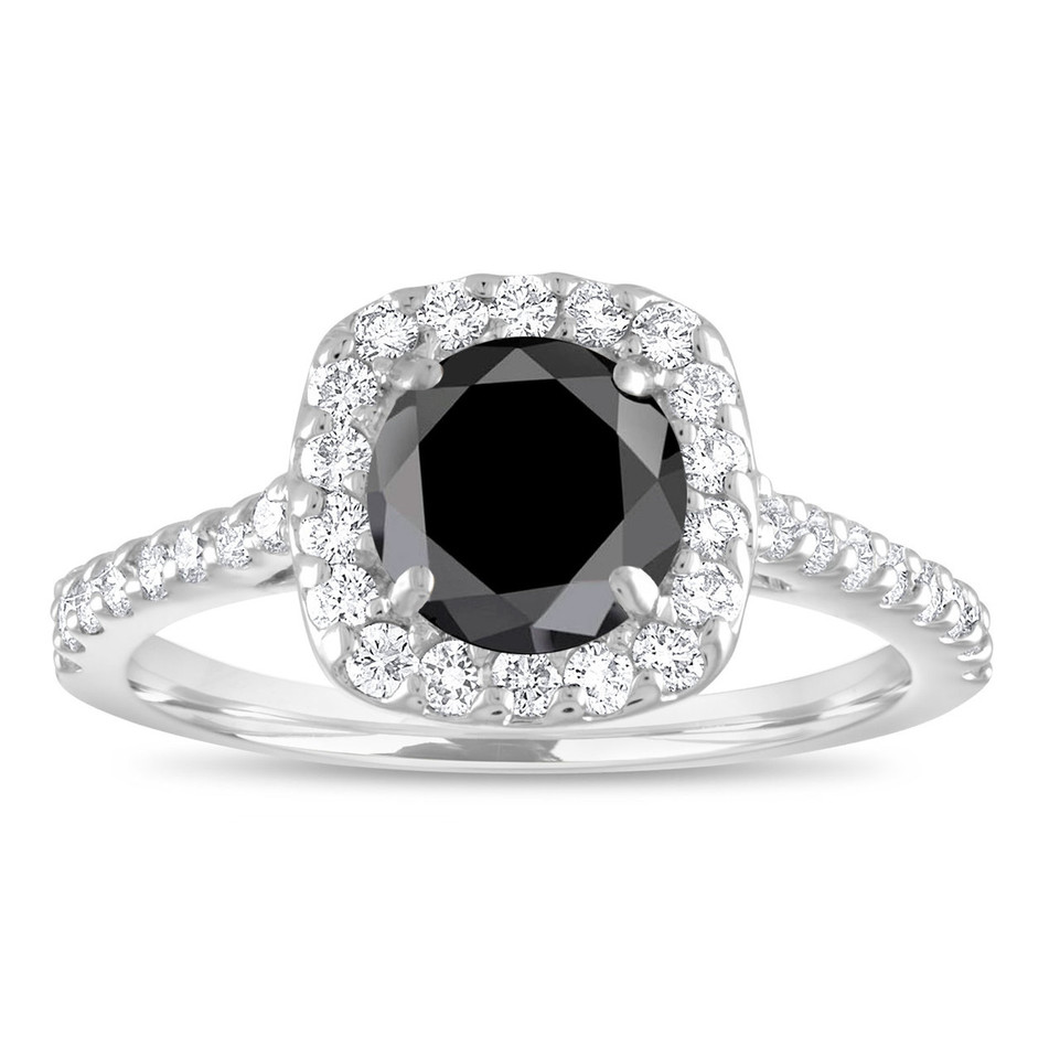 Platinum Black Diamond Cushion Engagement Ring 1.60 Carat Unique Halo Certified Handmade