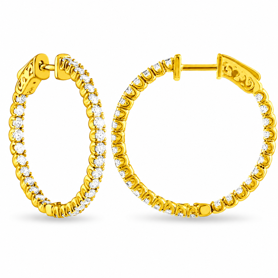 2.10 Carat Inside Out Diamond Hoop Earrings, 1 Inch 14K White Gold Yellow Or Rose Gold Certified