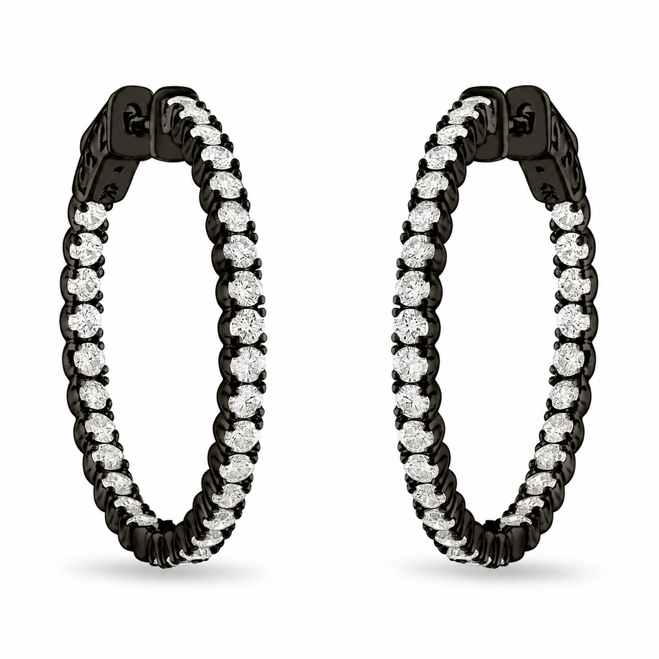 Inside Out Natural Diamond Hoop Earrings 2.10 Carat 14K Black Gold 1 Inch Handmade Certified