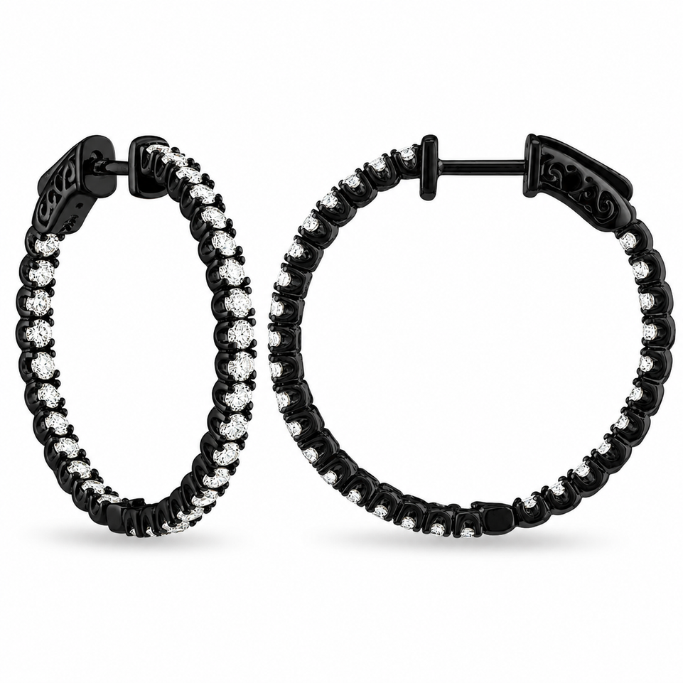 Inside Out Natural Diamond Hoop Earrings 2.10 Carat 14K Black Gold 1 Inch Handmade Certified