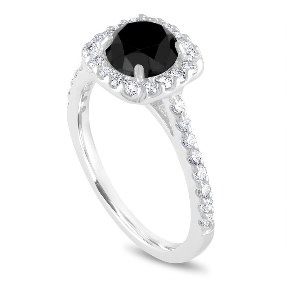 2 Carat Black Diamond Cushion Halo Engagement Ring Set 14K White Gold Certified Handmade