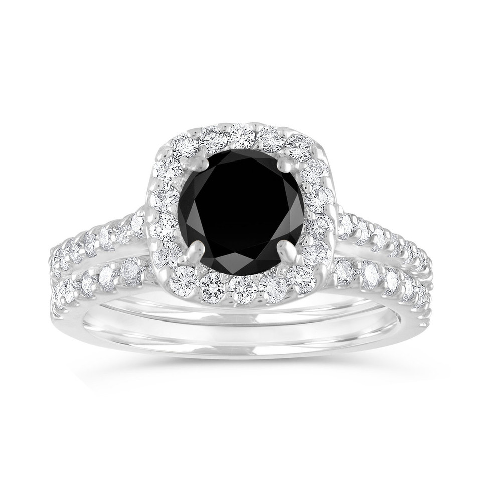 2 Carat Black Diamond Cushion Halo Engagement Ring Set 14K White Gold Certified Handmade