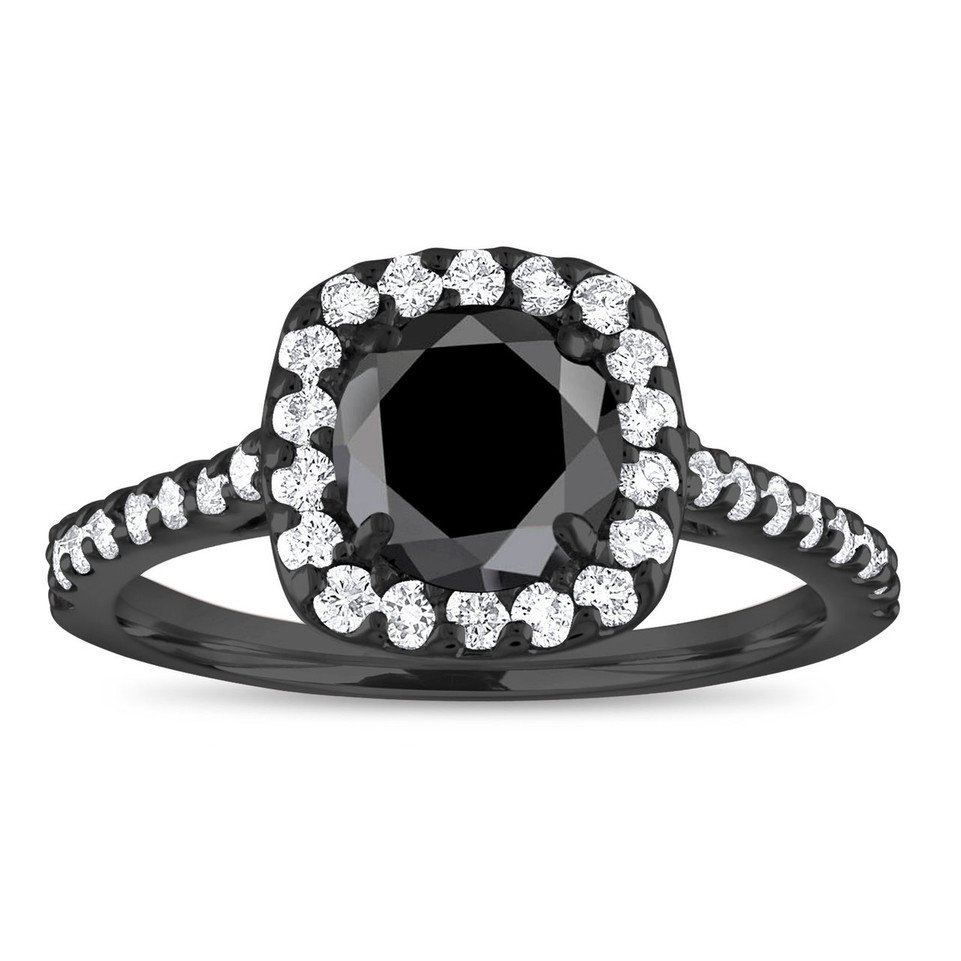 2 Carat Black Diamond Cushion Halo Engagement Ring Set 14K Black Gold Vintage Style Certified Handmade