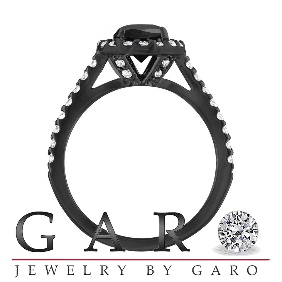 2 Carat Black Diamond Cushion Halo Engagement Ring Set 14K Black Gold Vintage Style Certified Handmade