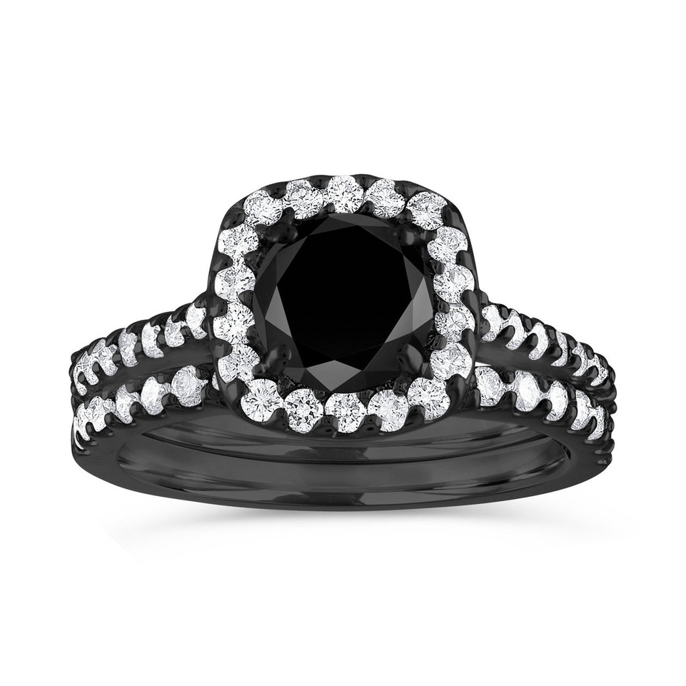 2 Carat Black Diamond Cushion Halo Engagement Ring Set 14K Black Gold Vintage Style Certified Handmade