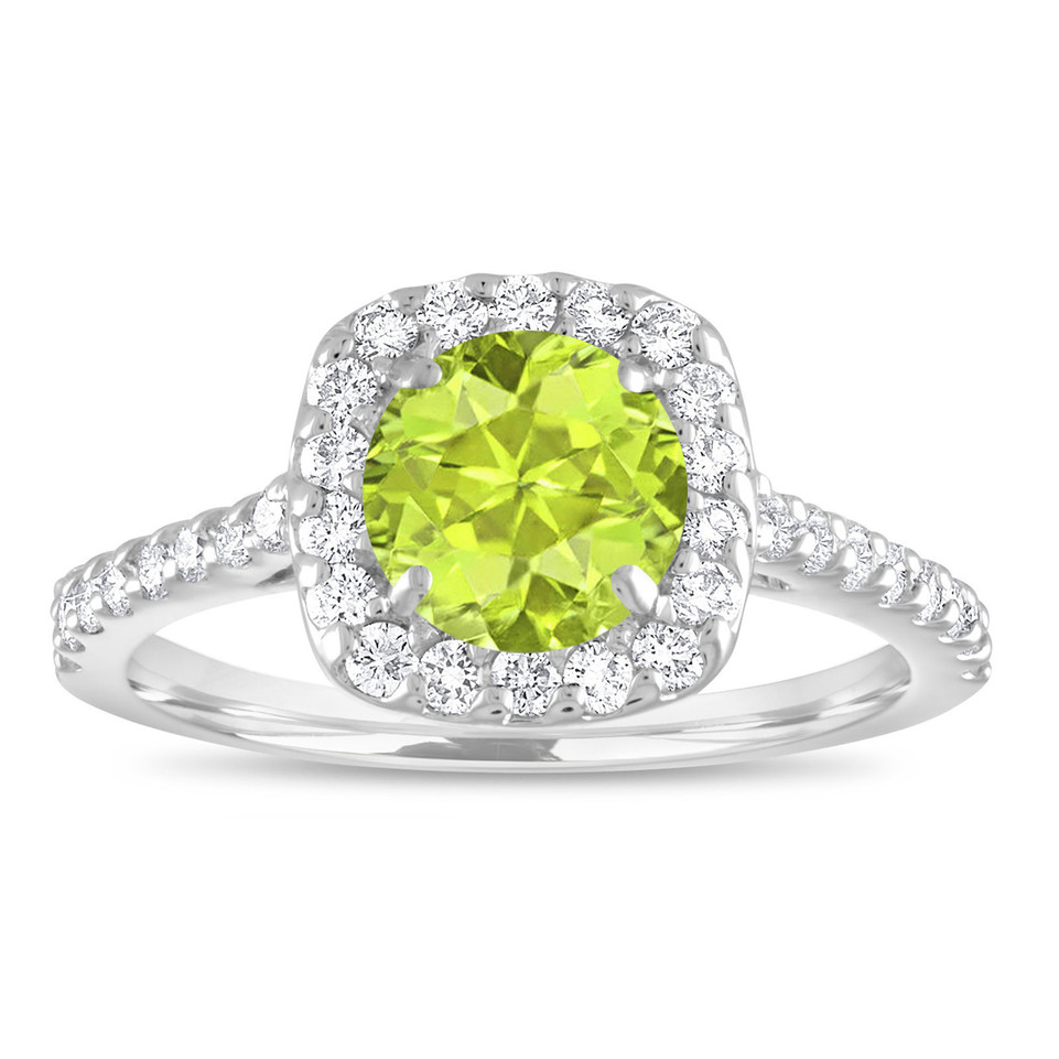 Peridot Engagement Ring Set, Green Peridot and Diamonds Wedding Rings Sets, 1.86 Carat 14K White Gold Certified Halo Pave Handmade
