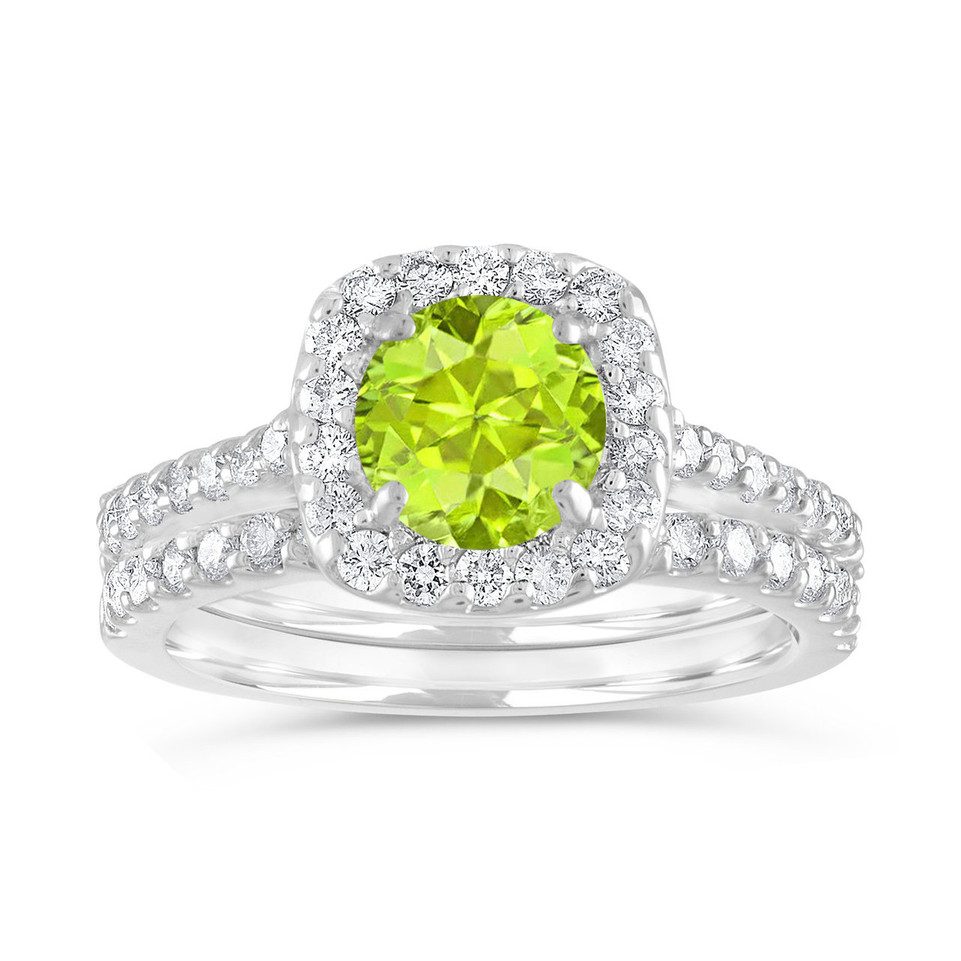 Peridot Engagement Ring Set, Green Peridot and Diamonds Wedding Rings Sets, 1.86 Carat 14K White Gold Certified Halo Pave Handmade
