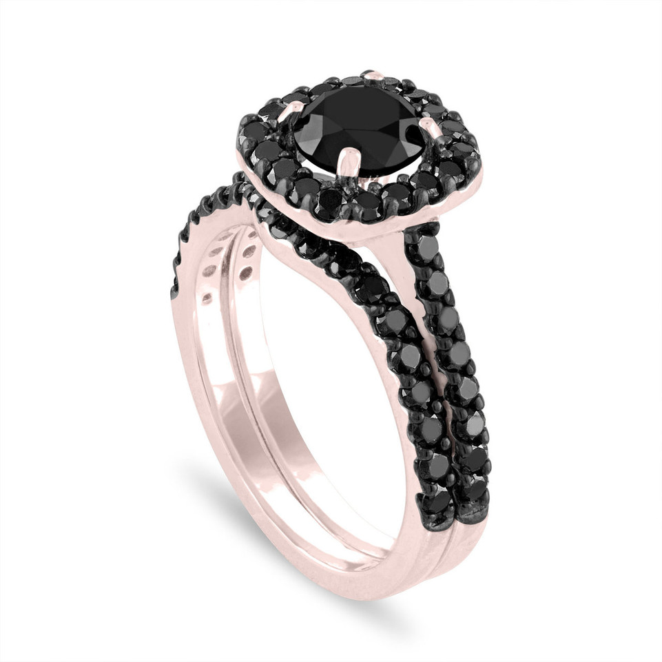 Black Diamond Engagement Ring Set, Wedding Ring Sets, Bridal Ring Sets, 14K Rose Gold 2.05 Carat Unique Halo Pave Certified Handmade
