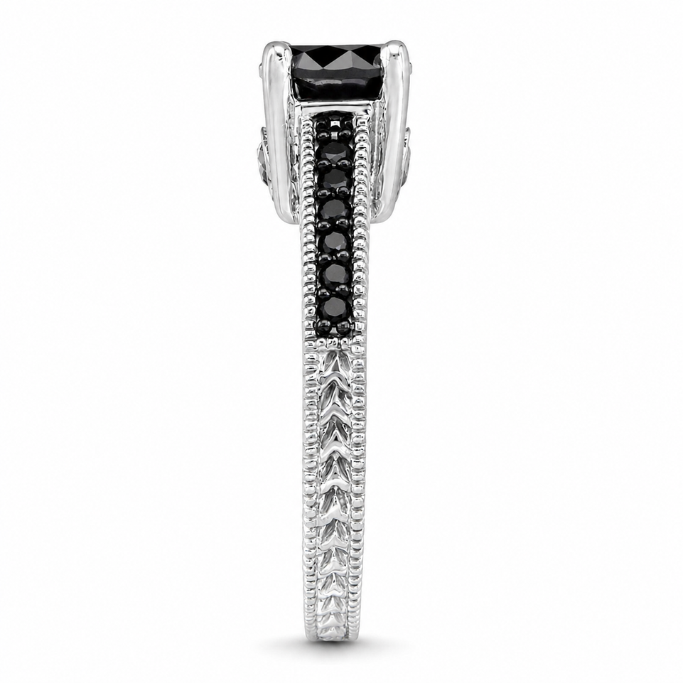 Platinum Black Diamond Engagement Ring, 0.79 Carat Unique Vintage Style Engraved Handmade Certified