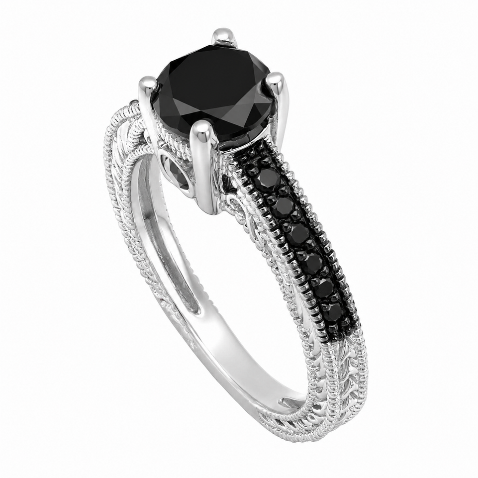 Platinum Black Diamond Engagement Ring, 0.79 Carat Unique Vintage Style Engraved Handmade Certified