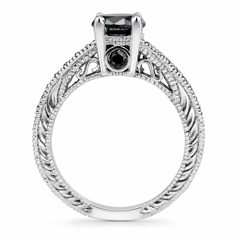 Platinum Black Diamond Engagement Ring, 0.79 Carat Unique Vintage Style Engraved Handmade Certified