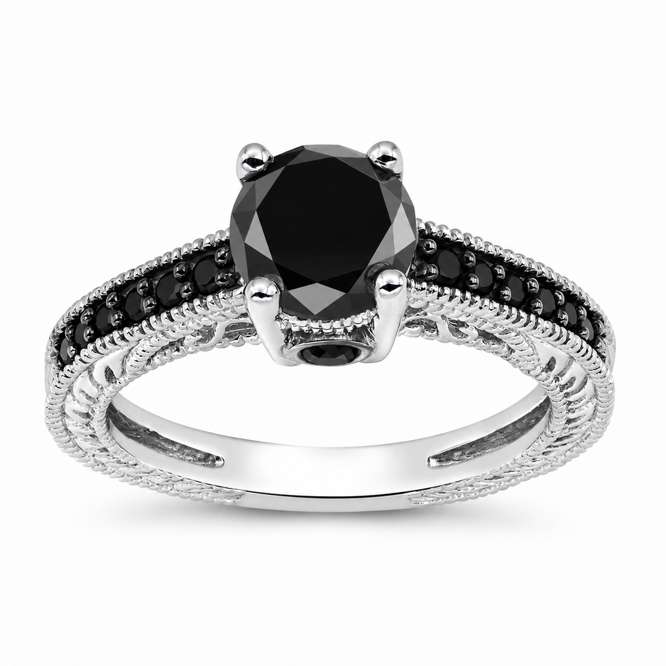 Platinum Black Diamond Engagement Ring, 0.79 Carat Unique Vintage Style Engraved Handmade Certified