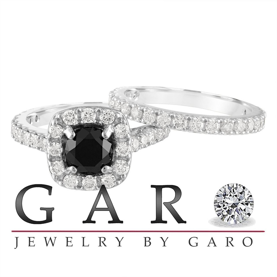 Black Diamond Halo Engagement Ring Sets 2.65 Carat 14K White Gold Unique Certified Handmade
