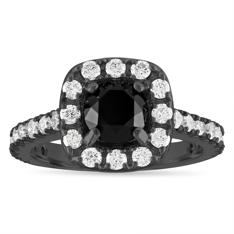 2.65 Carat Black Diamond Engagement Ring & Wedding Band Set 14k Black Gold Unique Halo Certified Handmade